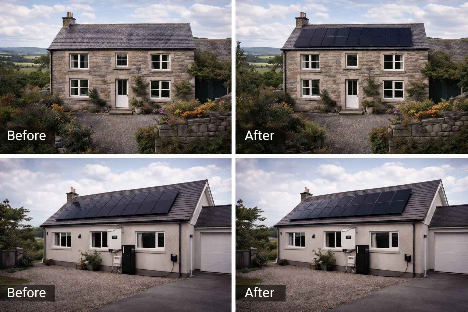 Before and after solar panel installation on Scottish homes showing transformation results