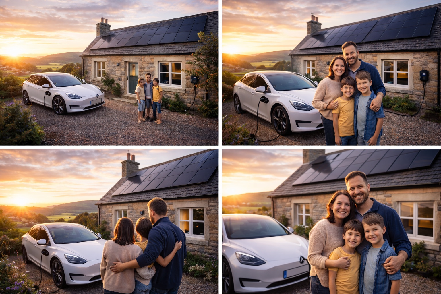 Scottish family with electric vehicle and solar panels on their cottage at sunset